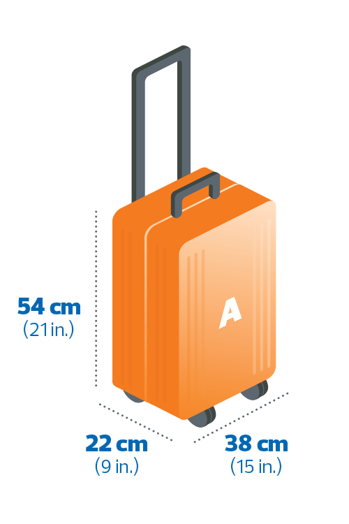 A carry-on bag sized 9 inches wide by 15 inches high by 21 inches