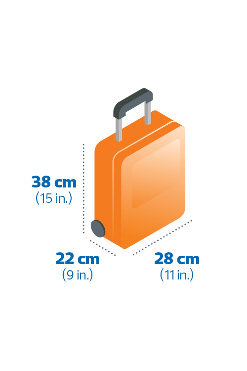 A carry-on item sized 28 cm wide by 22 cm deep by 38 cm tall