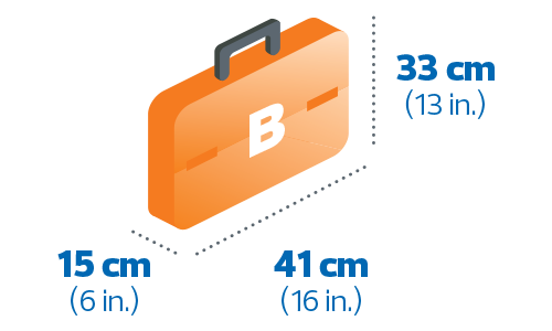 A personal item sized 41 cm wide by 15 cm deep by 33 cm tall