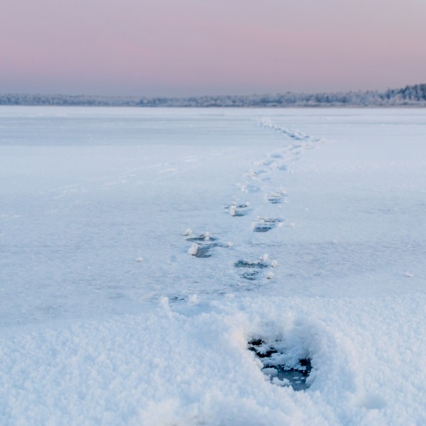 Footsteps across a frozen lake dusted with fresh snow