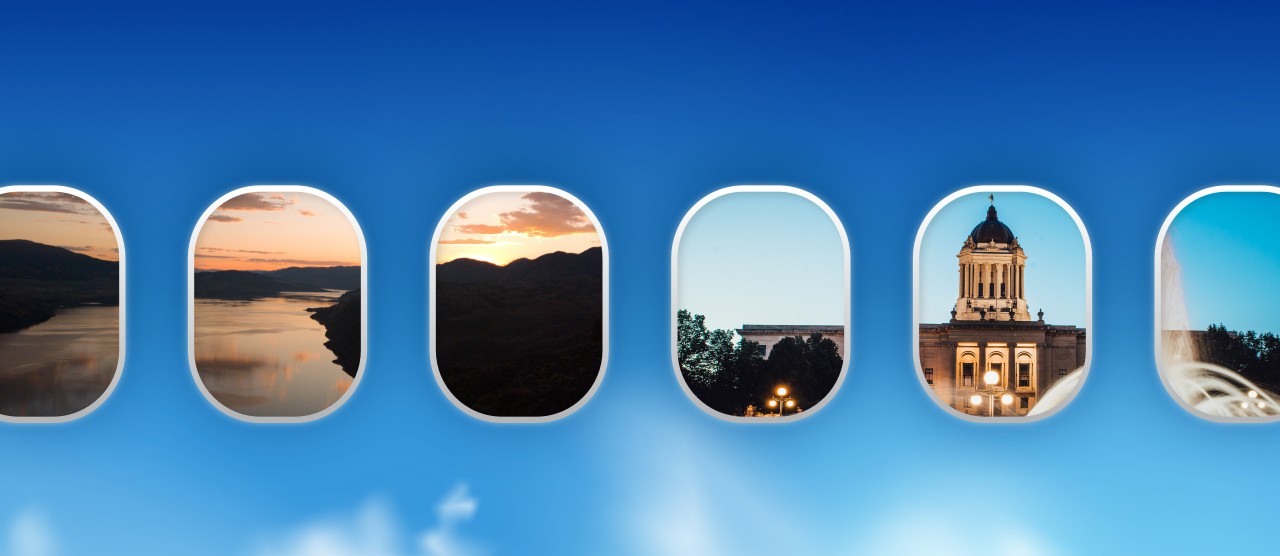 Airplane windows displaying Kamloops and Winnipeg sights