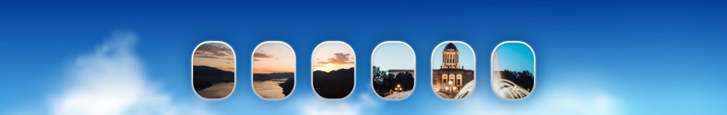 Airplane windows displaying Kamloops and Winnipeg sights
